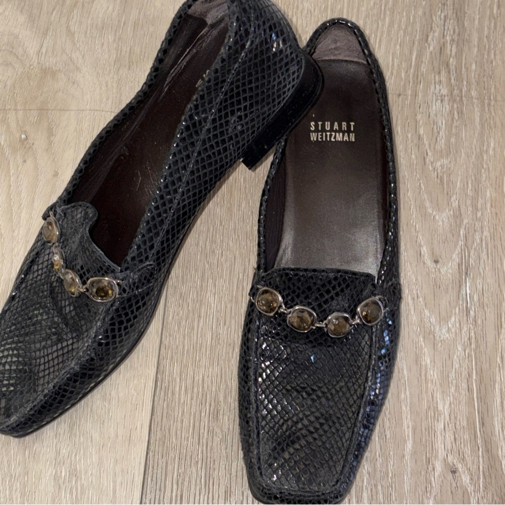 Black Stuart Weitzman Women's 8.5 N Snake Skin Slip-on Loafers W/ Rhinestones - Picture 13 of 14